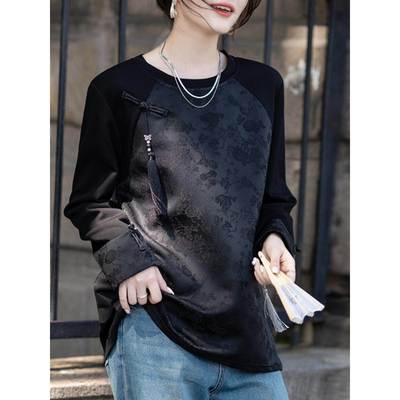 高端新中式黑色国风内搭盘扣T恤女2025春秋季新款宽松打底衫上衣