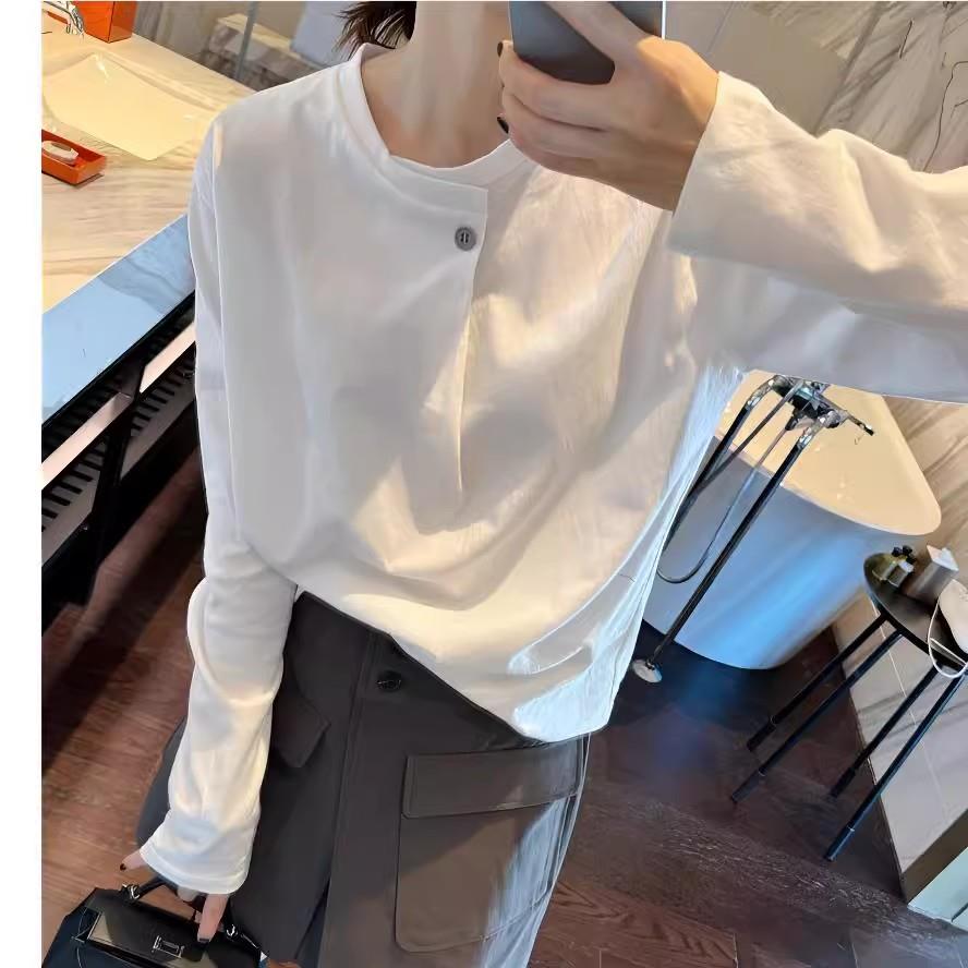 香港TIMO白色设计感别致长袖t恤女早春正肩宽松慵懒风外穿上衣ins