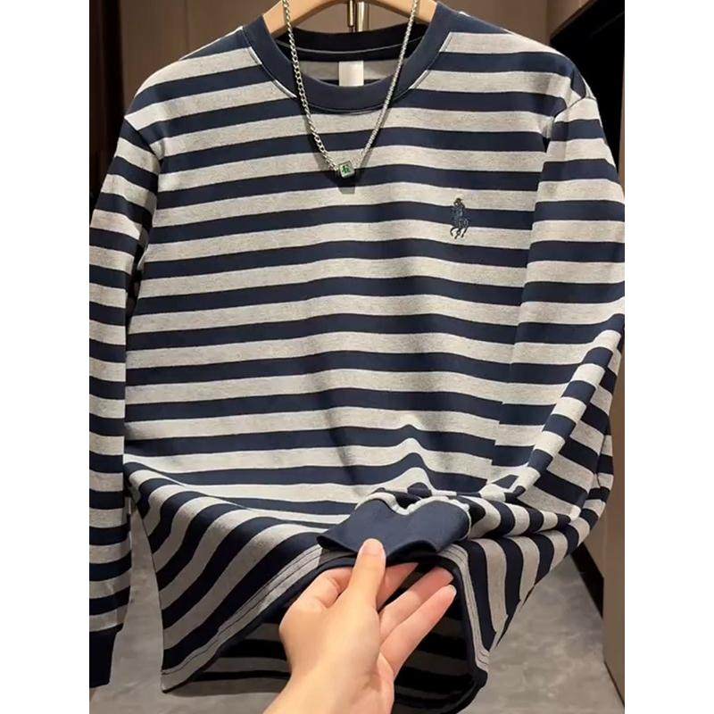 潮牌薄款春秋条纹卫衣男款休闲痞帅刺绣时尚休闲长袖T恤宽松上衣