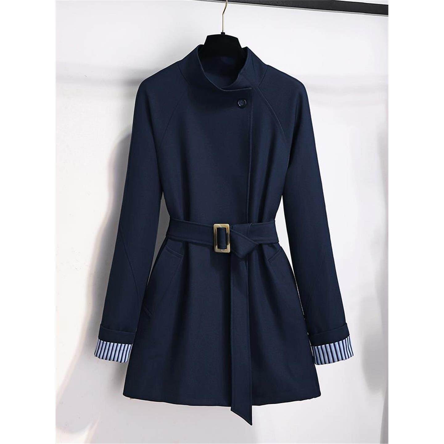 Ocnltiy藏青色中款风衣女款秋季高级感巨好看的立领收腰短款外套