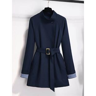 Ocnltiy藏青色中款风衣女款秋季高级感巨好看的立领收腰短款外套