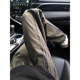 美式高级感条纹裤子男款秋春季潮牌直筒工装裤垂感宽松运动休闲裤