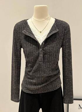 韩国Honey koko⭐深灰色半开领蕾丝拼接打底小衫女春秋季收腰T恤