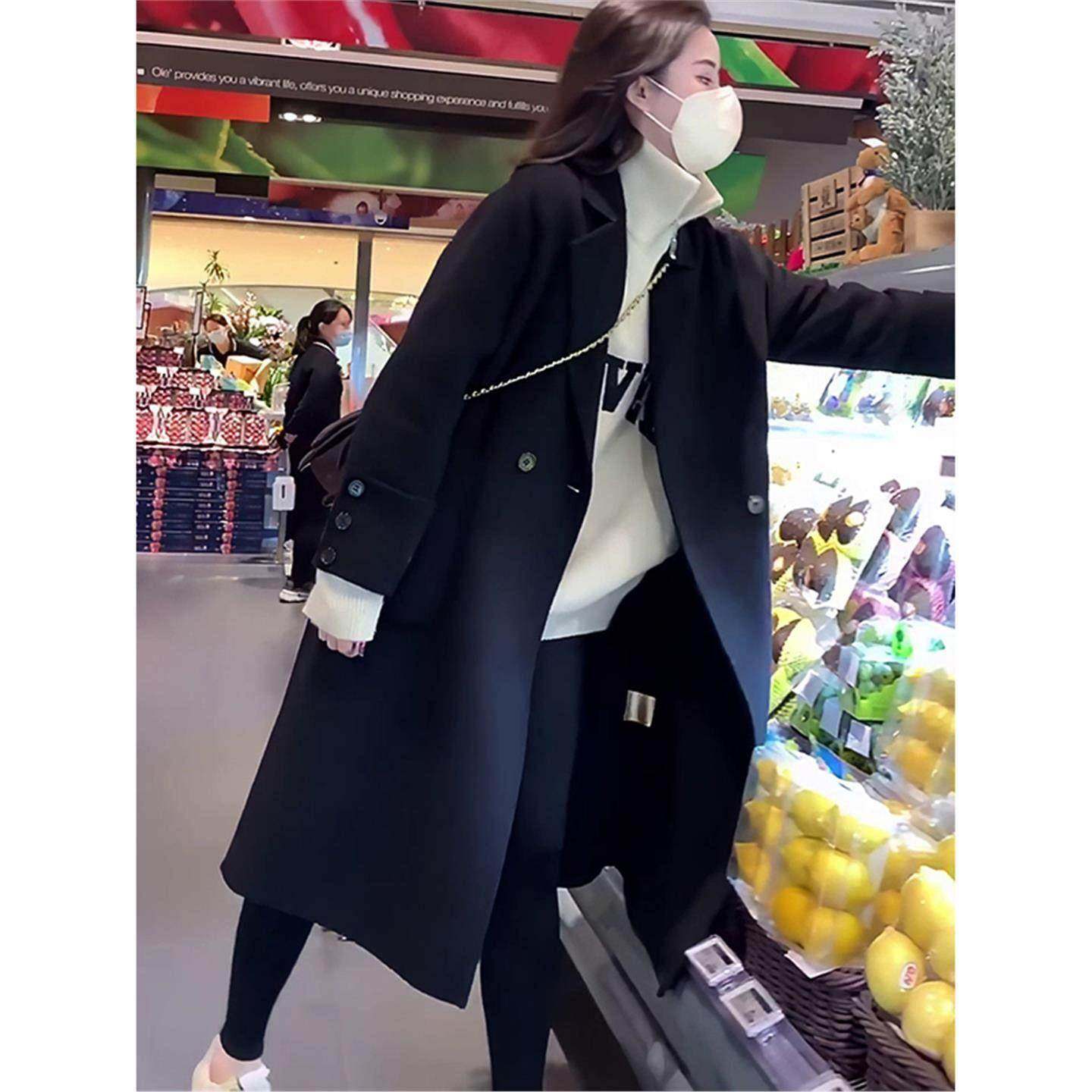 Ocnltiy高级感大衣女中长版新款春秋冬季小个子西装黑色毛呢外套