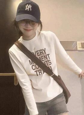 韩国Honey koko⭐2025正肩圆领纯棉长袖t恤女时尚白色打底衫上衣