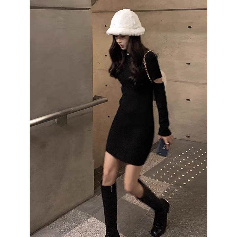 MUAMY秋冬新款法式茶歇高端设计感小个子时尚气质修身针织连衣裙