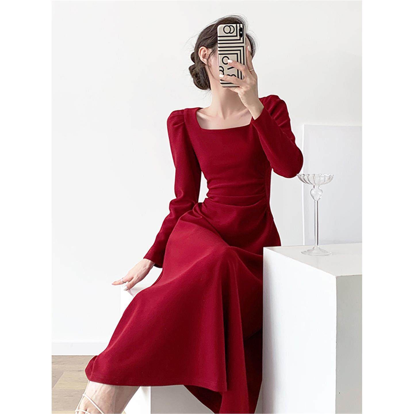 Ocnltiy红色长袖洋装女法式订婚礼服敬酒服平时可穿裙子收腰长裙