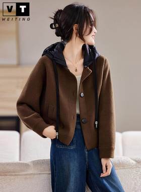 WEI TING设计感连帽拼接高腰毛呢外套女秋季2025新款宽松针织开衫