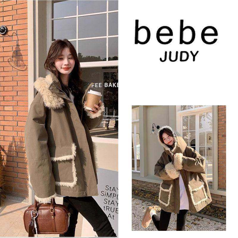 bebe judy~工装羊羔毛拼接羽绒服女冬季设计感宽松90白鸭绒派克服