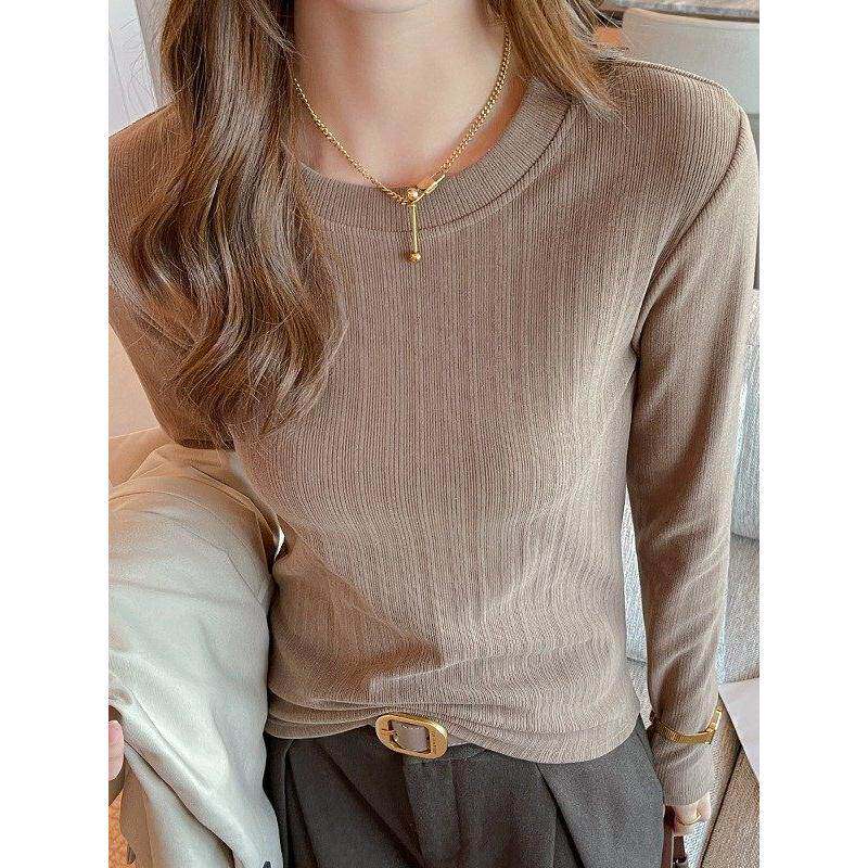 韩国螺纹小圆领打底衫女内搭高级感秋冬季长袖t恤可外穿德绒上衣