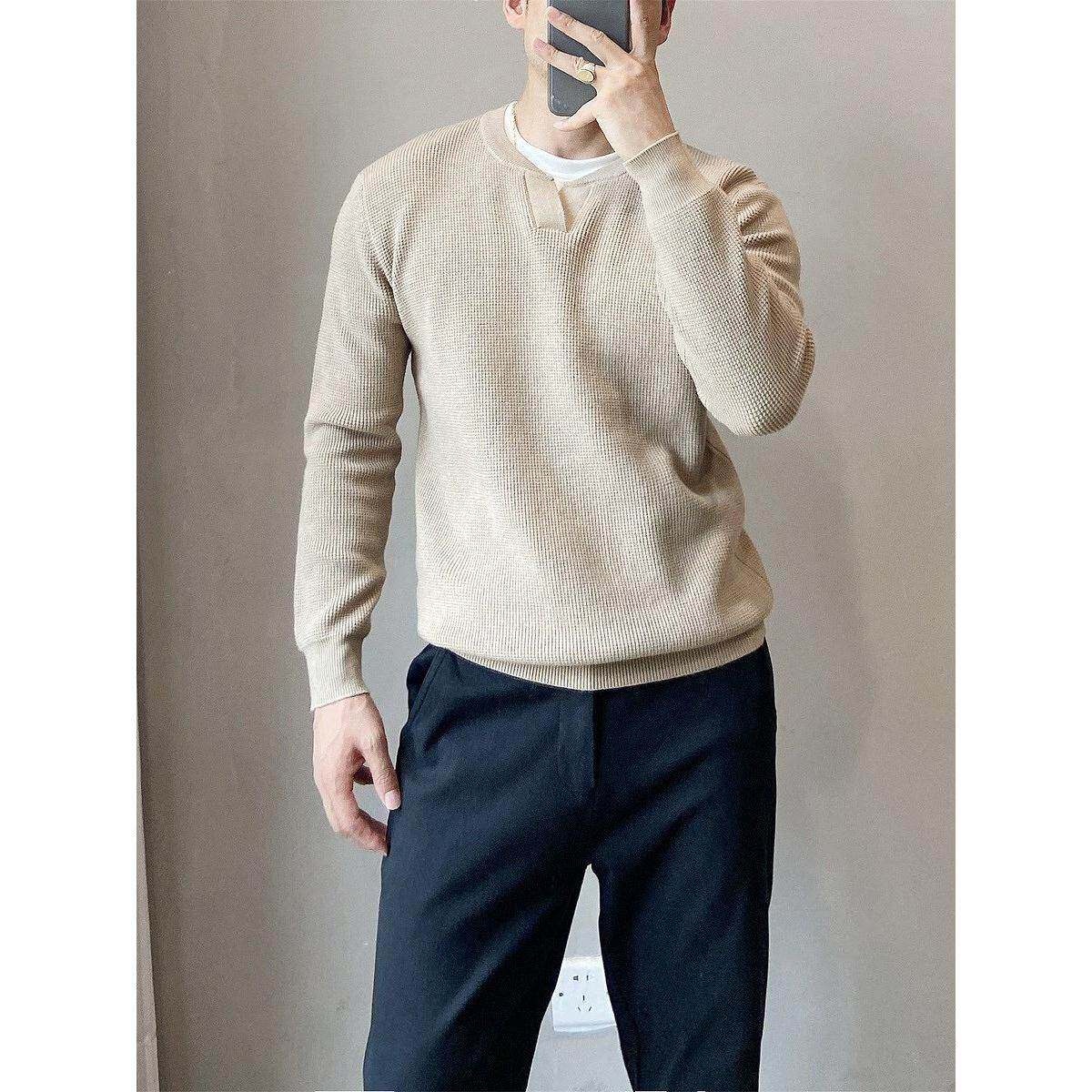 GM新潮 秋季白色内搭小V领男士毛衣轻熟风套头宽松舒适圆领针织衫