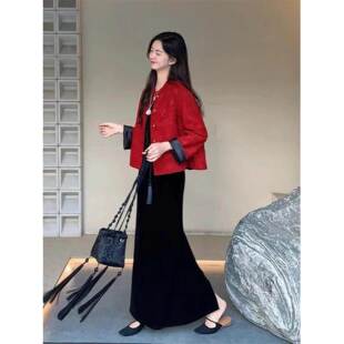 欧洲站2025新款新中式国风名媛红色外套配吊带连衣裙两件套装秋季