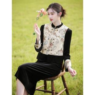 Ocnltiy黑色丝绒旗袍马甲套装女新款秋冬季长袖唐装新中式连衣裙