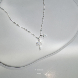 SHHH/S925纯银十字架项链男女bm同款细闪满钻小众百搭2024新款夏