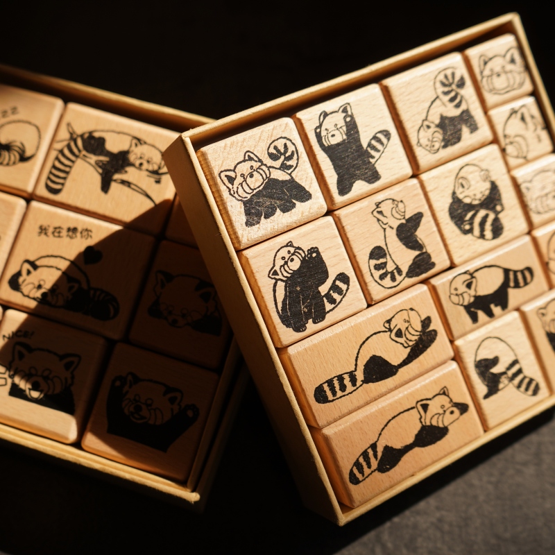 小熊猫木质印章原创套装手帐素材