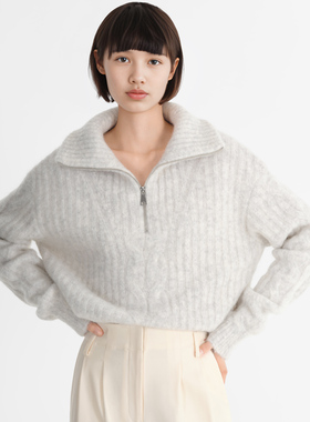 小着暖融毛衣 CH3 浅花灰色羊驼毛半拉链高领棒针毛衣 蓬松非常暖