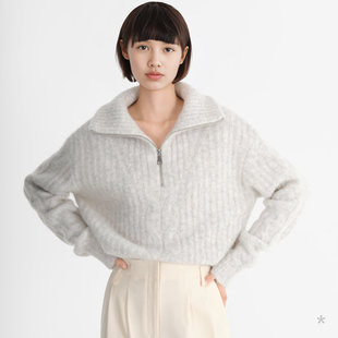 蓬松非常暖 浅花灰色羊驼毛半拉链高领棒针毛衣 小着暖融毛衣 CH3