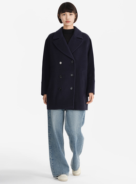 小着暖冬 OW7 初剪羊毛混纺墨蓝色中长款廓形大衣