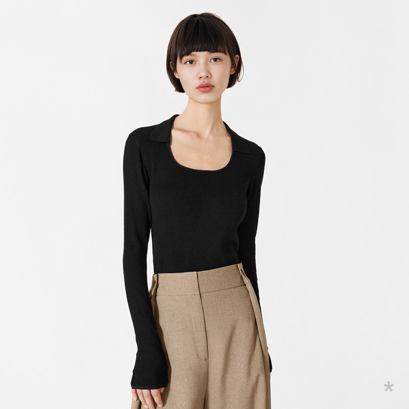 小着HB12黑色翻领精细羊毛薄针织