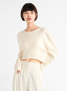 小着暖冬 LK5 白色圆领短款精细羊毛针织衫