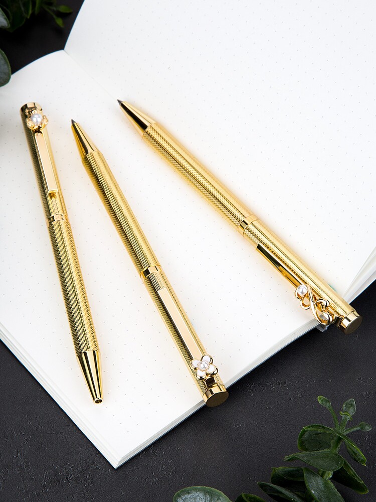 GNASEET 금속 서명 펜 크리 에이 티브 황금 진주 곰 펜 클립 비즈니스 맞춤형 개인 조각 회전 잉크 진주 펜 여자 선물