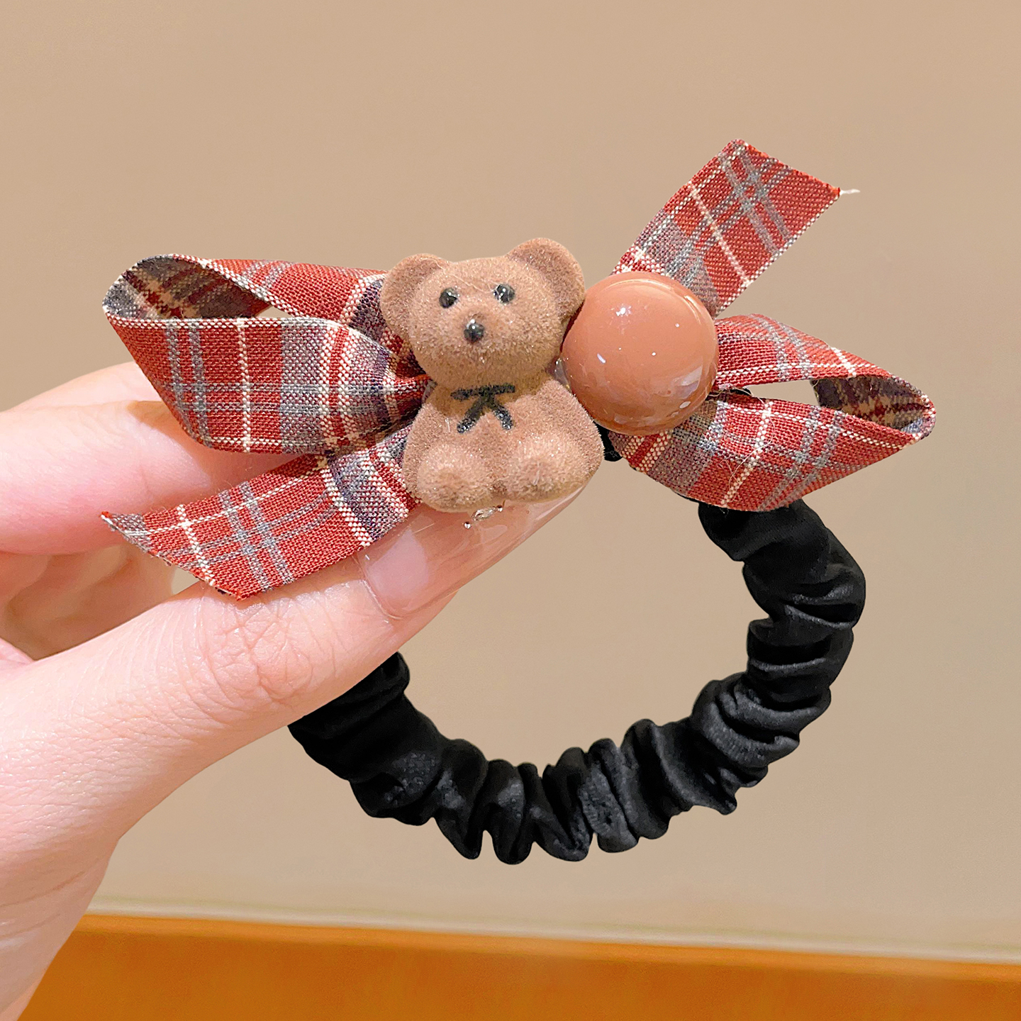 儿童格纹蝴蝶结植绒小熊发绳女童