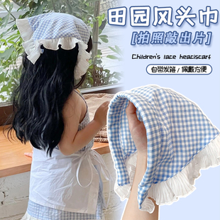 儿童蓝色格子头巾发箍女田园风宝宝头饰春夏季头箍三角巾外出百搭