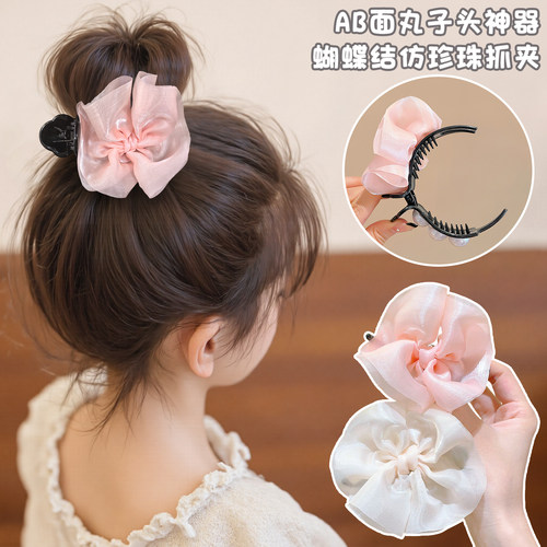 儿童网纱花朵丸子头抓夹女童后脑勺盘发发夹小女孩新款鲨鱼夹发饰