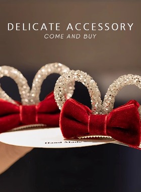 儿童新年蝴蝶结植绒发夹立体兔耳朵红色发卡鸭嘴夹顶夹公主头发饰