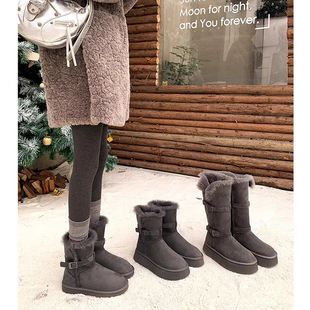 官方正品 冬季 羊皮毛一體加絨加厚保暖東北棉鞋 灰色厚底雪地靴女款