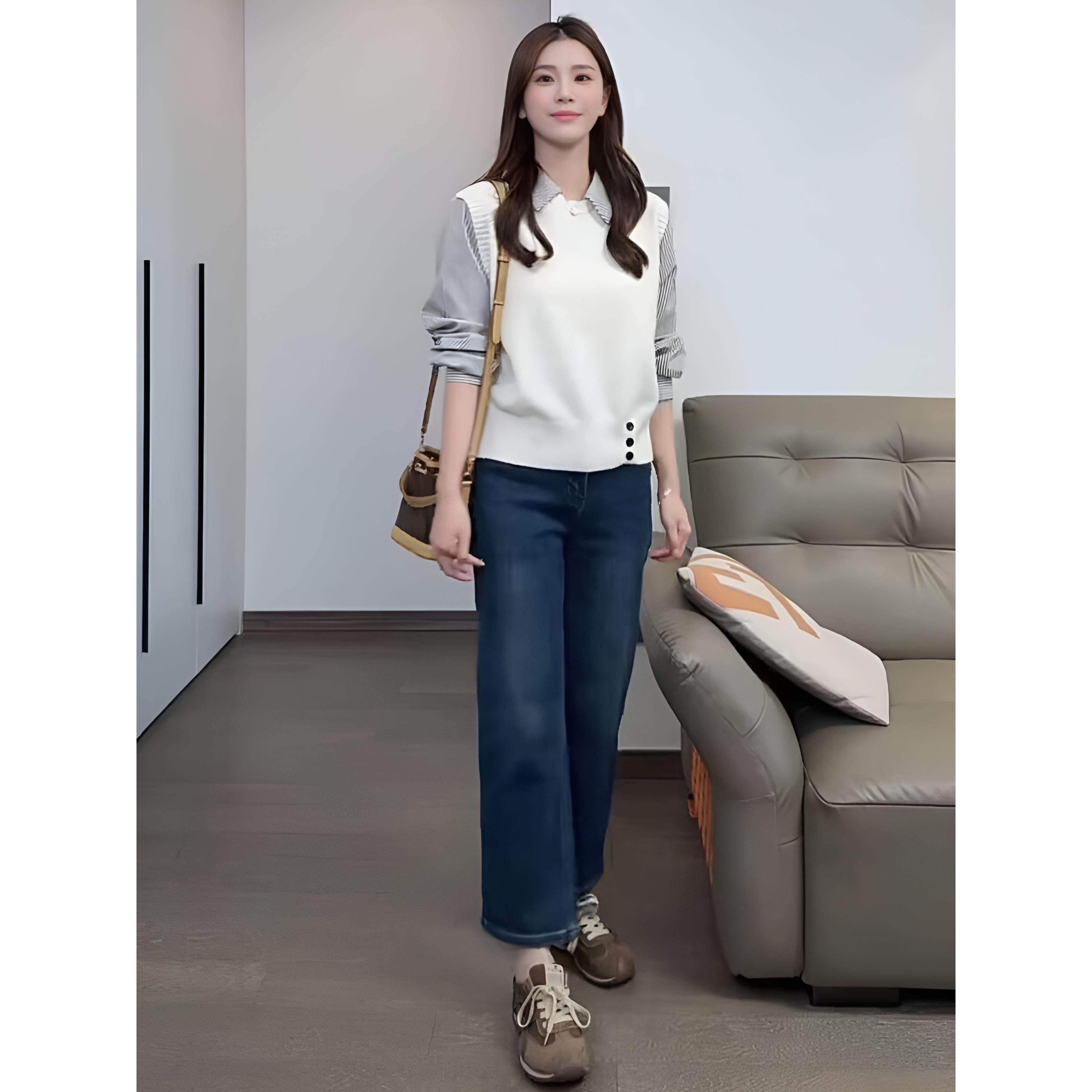 JOYIASS秋季套装女2025新款设计感小香风假两件条纹衬衫直筒牛仔