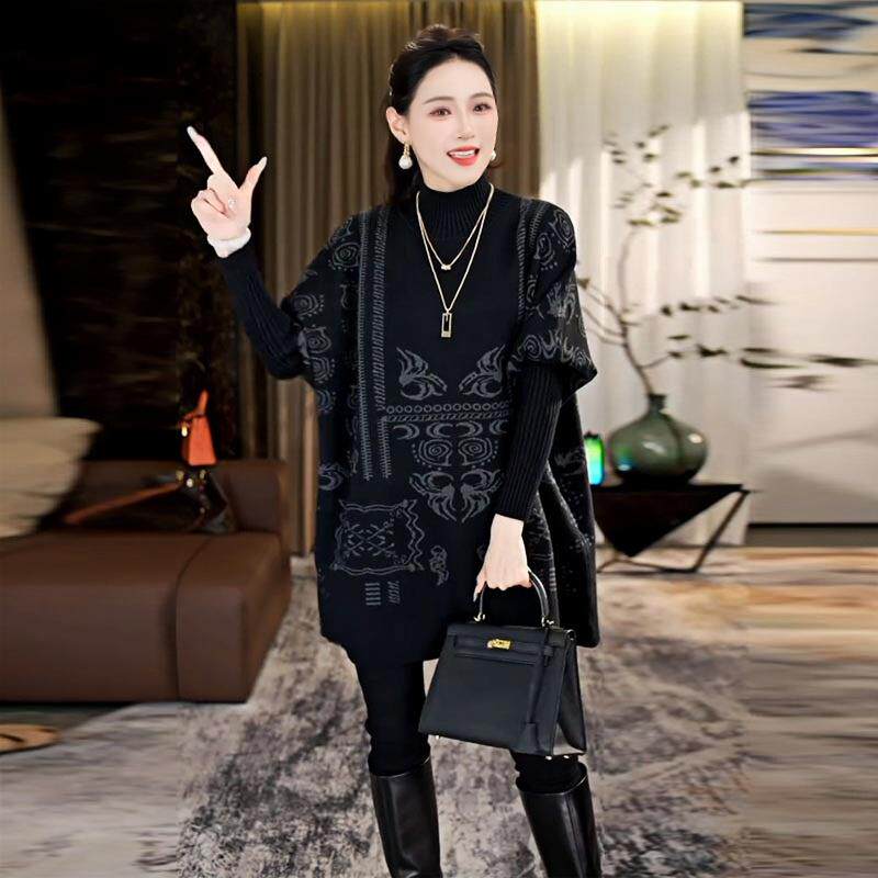 JOYIASS高级感中长款印花毛衣女秋冬蝙蝠袖针织衫连衣裙洋气宽松
