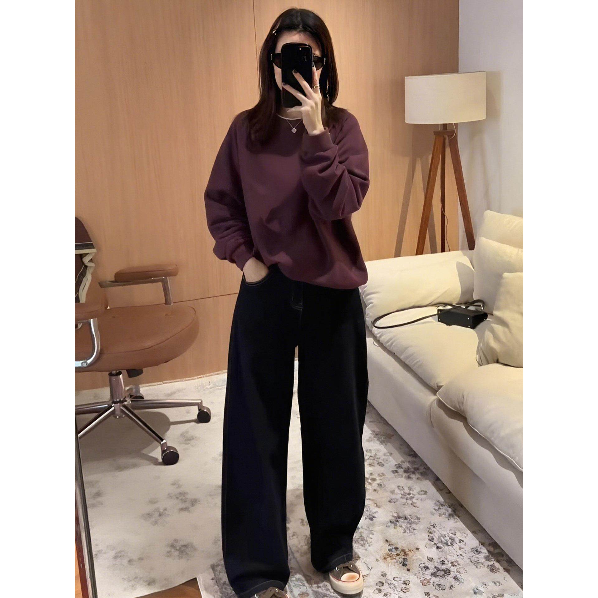 JOYIASS早秋独特超好看套装女慵懒风宽松酒红色卫衣高腰阔腿裤休