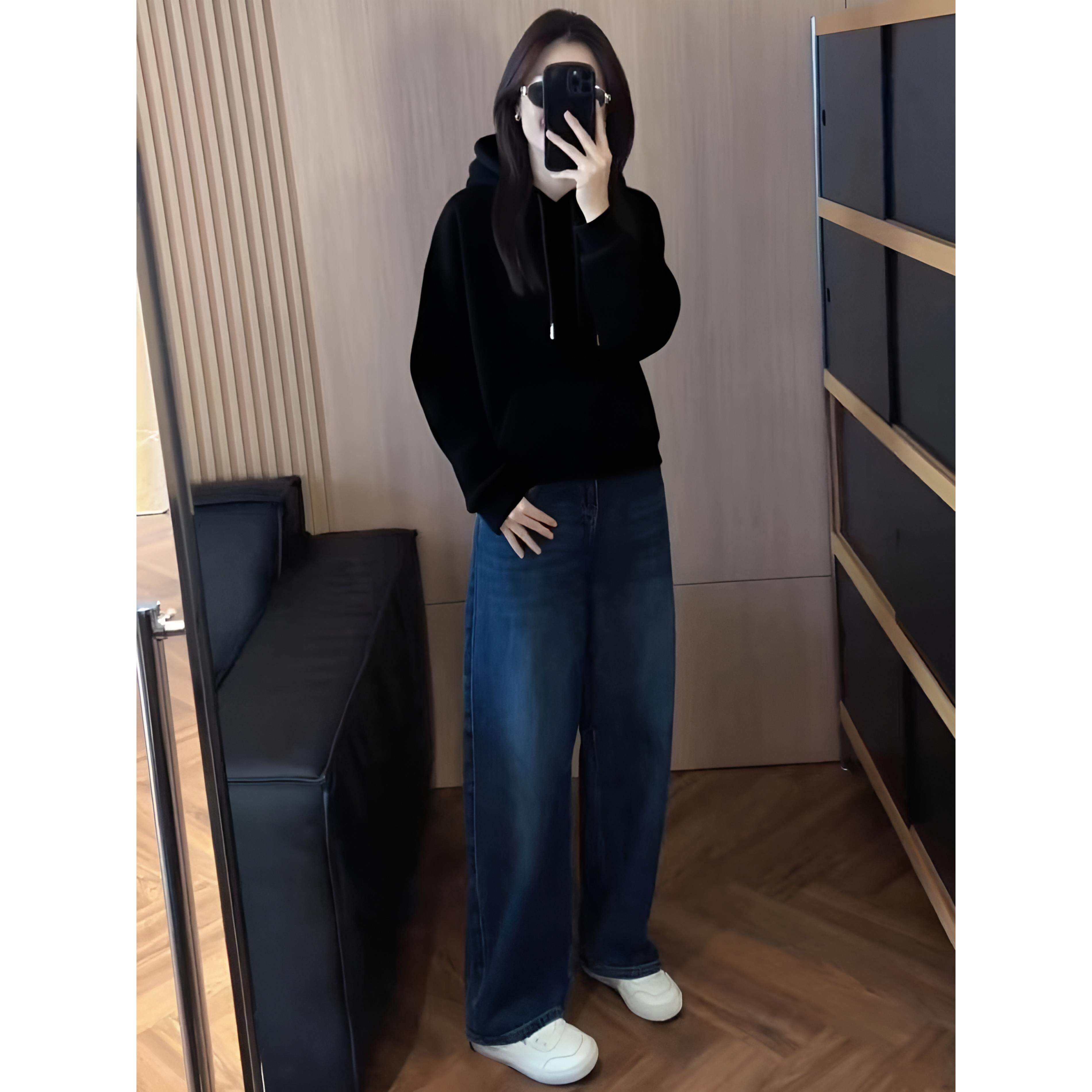 JOYIASS2025早秋新款女装套装时尚黑色连帽卫衣高腰阔腿牛仔裤休