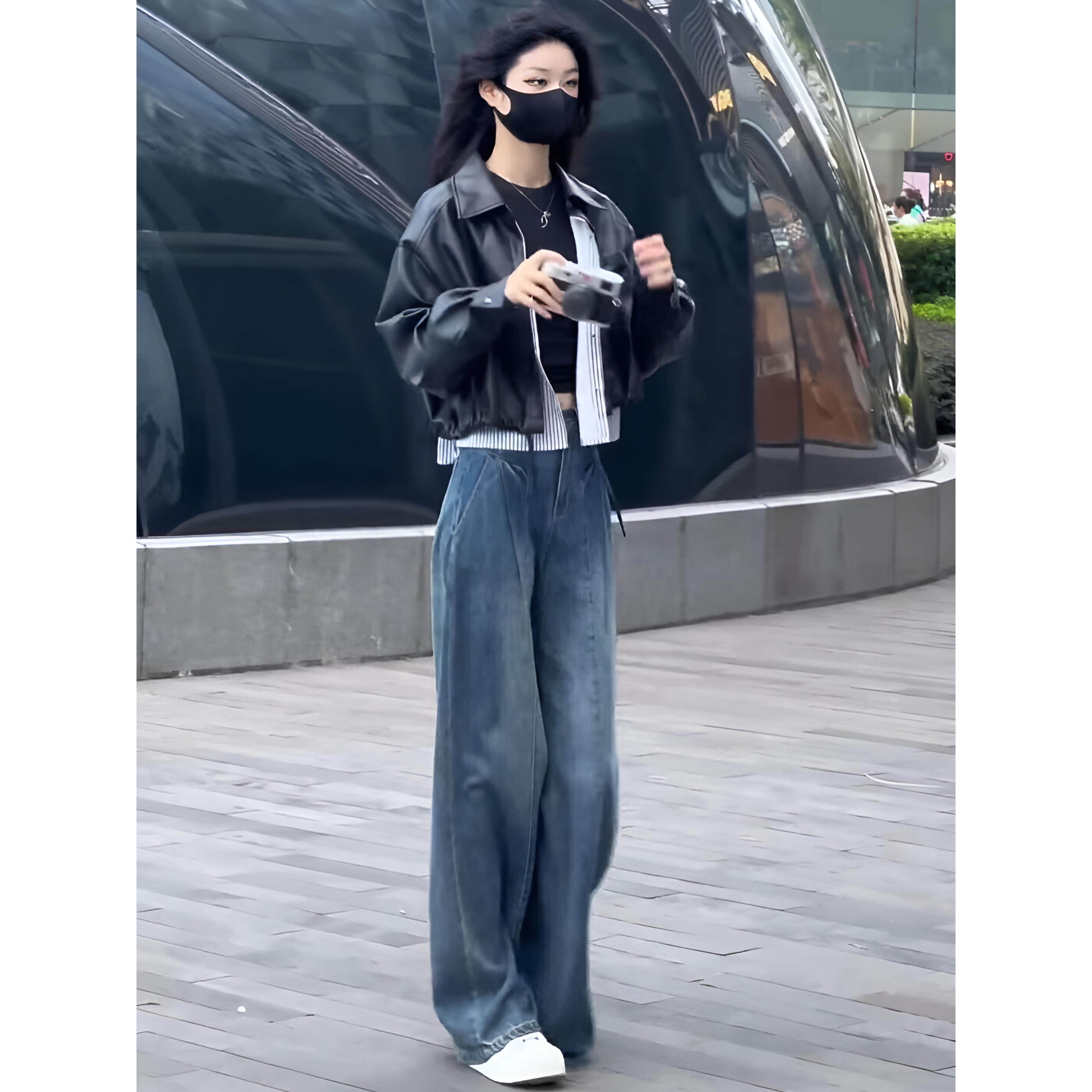 JOYIASS早秋韩系漂亮小套装美式覆古风酷飒短款皮衣外套高腰牛仔
