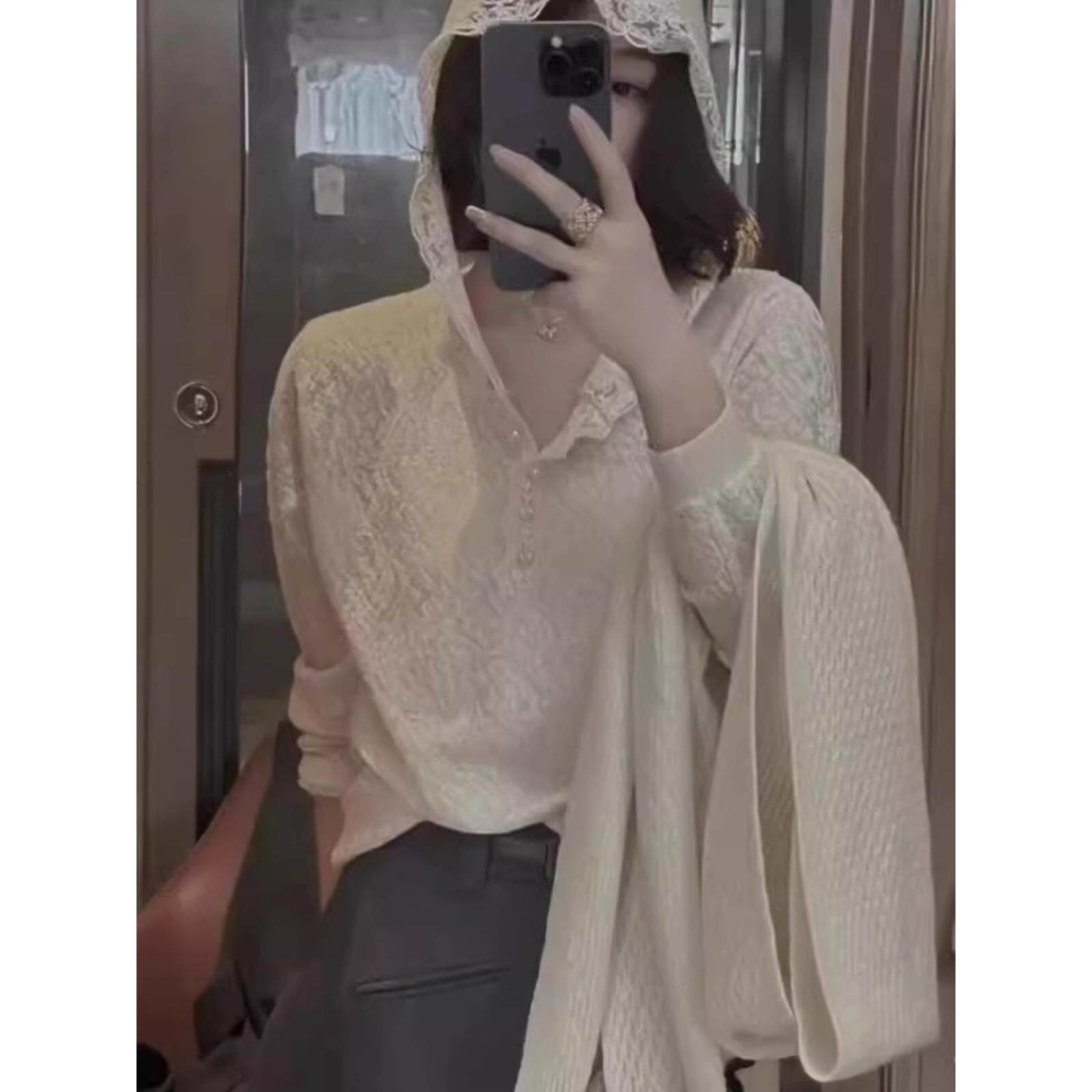JOYIASS小香风连帽卫衣针织小衫女春秋长袖蕾丝钩花上衣气质显瘦