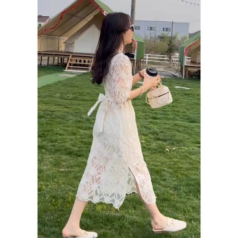 BLLOUKE法式蕾丝连衣裙子女士装夏季2025新款高端名媛气质收腰短