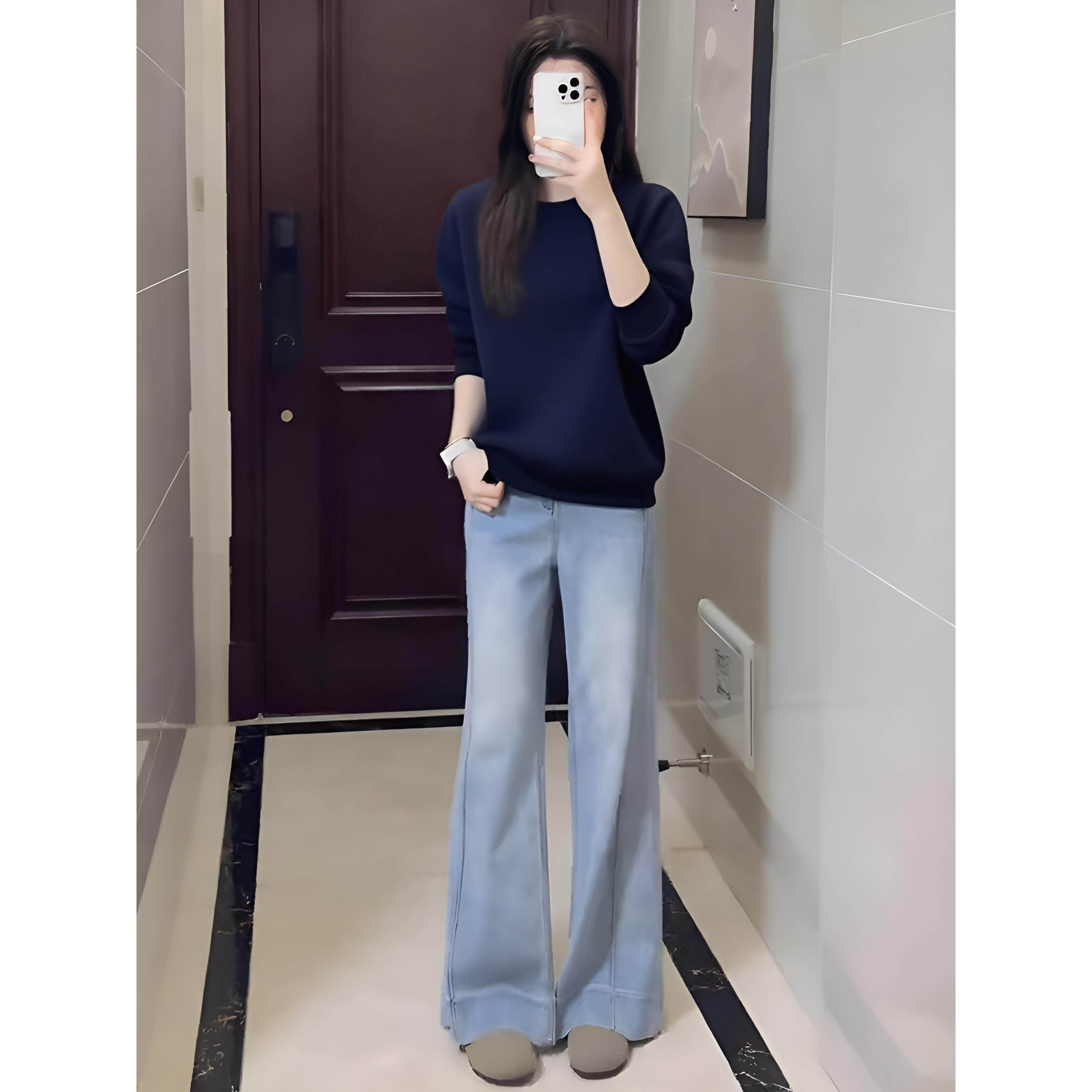 JOYIASS2025早秋流行穿搭一整套小个子慵懒风蓝色圆领卫衣牛仔裤