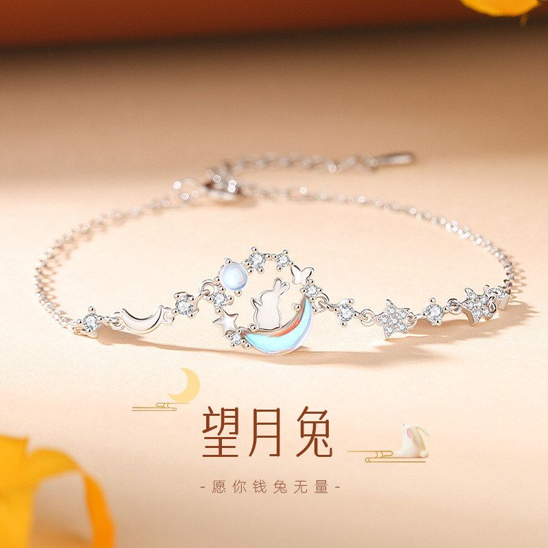 原创望月兔手链女纯银复古新中式