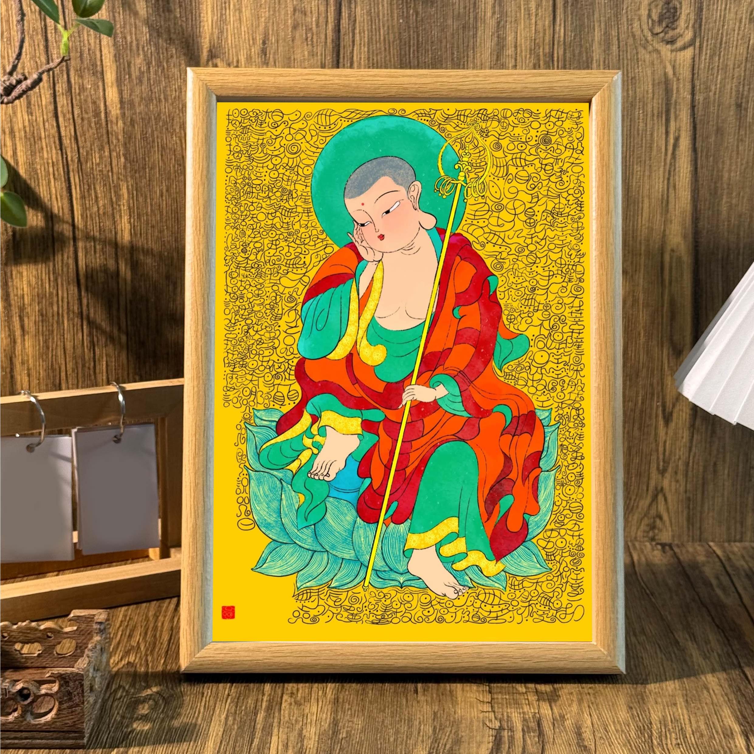大愿之地藏王菩萨佛像桌面平安摆台木质相框墙面装饰挂画送礼摆件