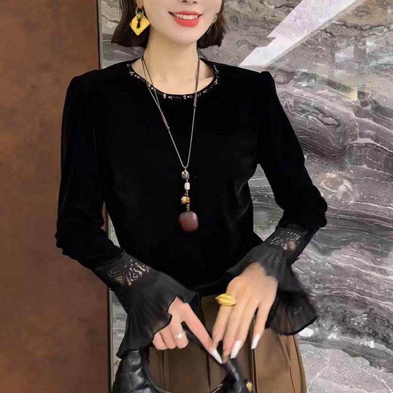 JOYIASS欧货蕾丝刺绣喇叭长袖t恤打底衫女秋季新款洋气独特漂亮丝