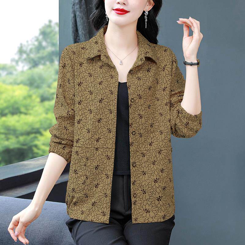 JOYIASS妈妈气质印花衬衫外套女2025秋季新款休闲polo领长袖短款