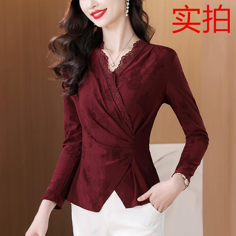 JOYIASS弹力提花针织衫蕾丝v领上衣长袖气质收腰打底衫掐腰小衫20