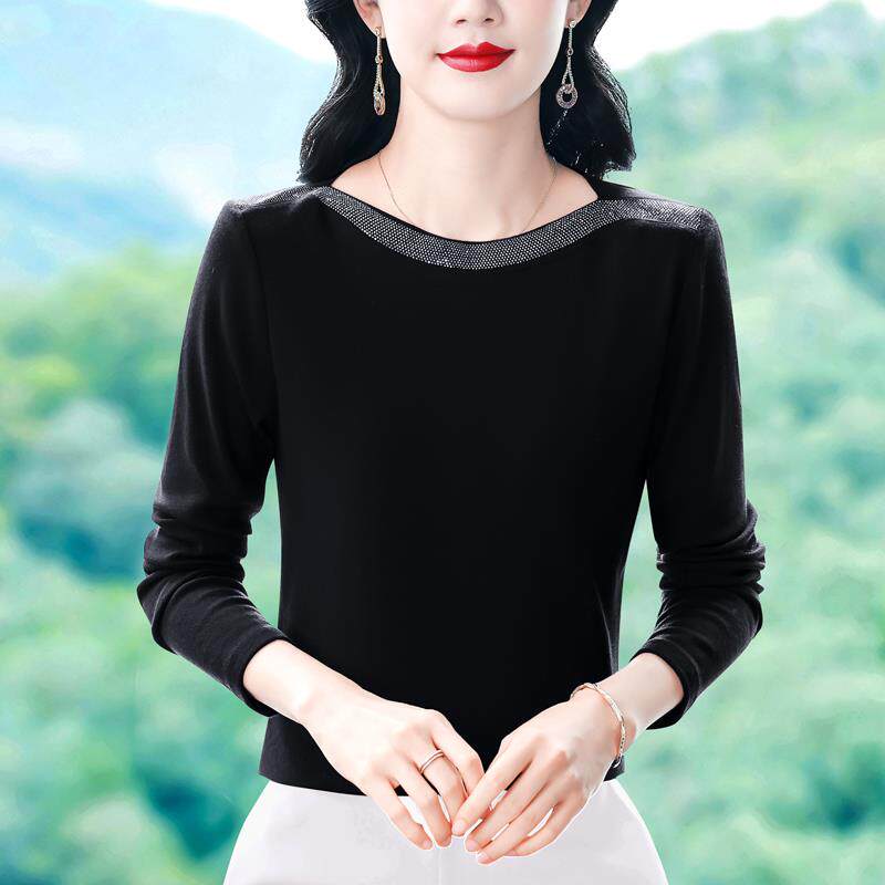 JOYIASS高级感穿搭重工烫钻一字领长袖T恤女2025秋季新款洋气质显