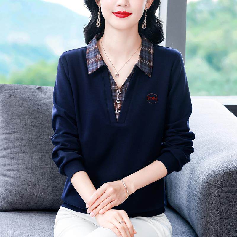 JOYIASS洋气格子翻领假两件衬衫女2025秋季新款妈妈装长袖小衫百