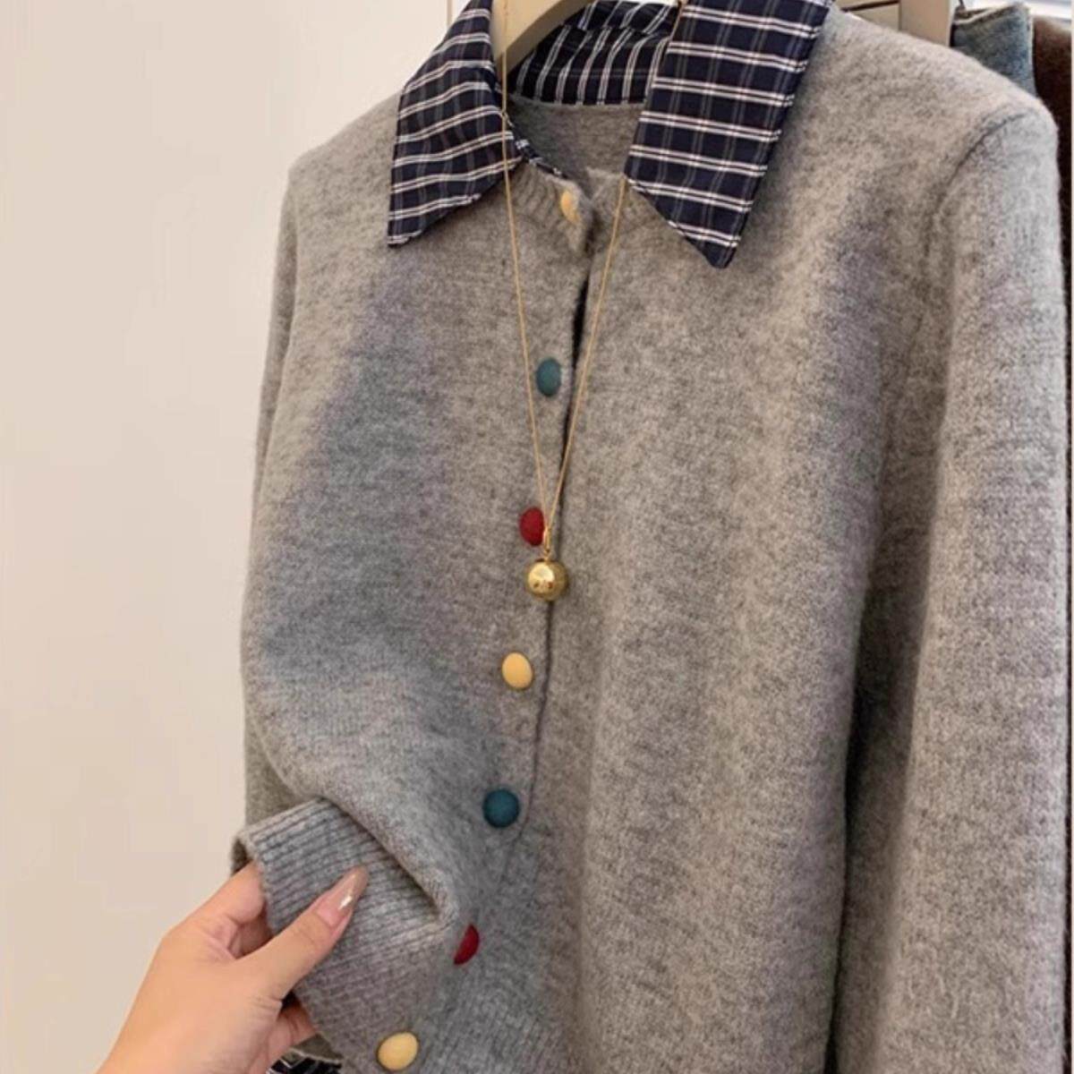 JOYIASS灰色假两件设计衬衫拼接针织开衫毛衣外套女小个子短款彩