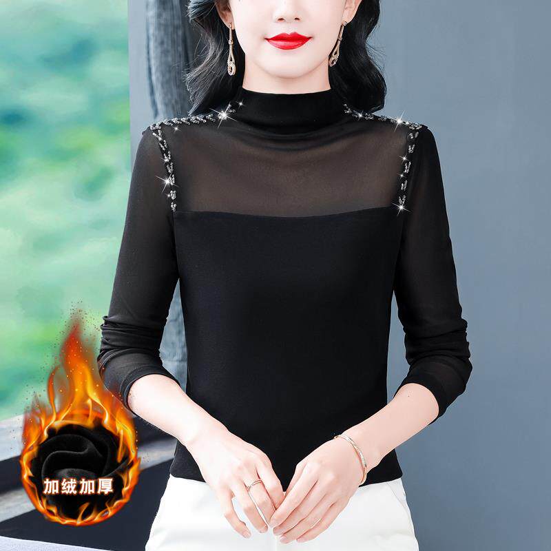JOYIASS欧货时尚半高领黑色网纱衬衣女2025早秋新款修身显瘦洋气