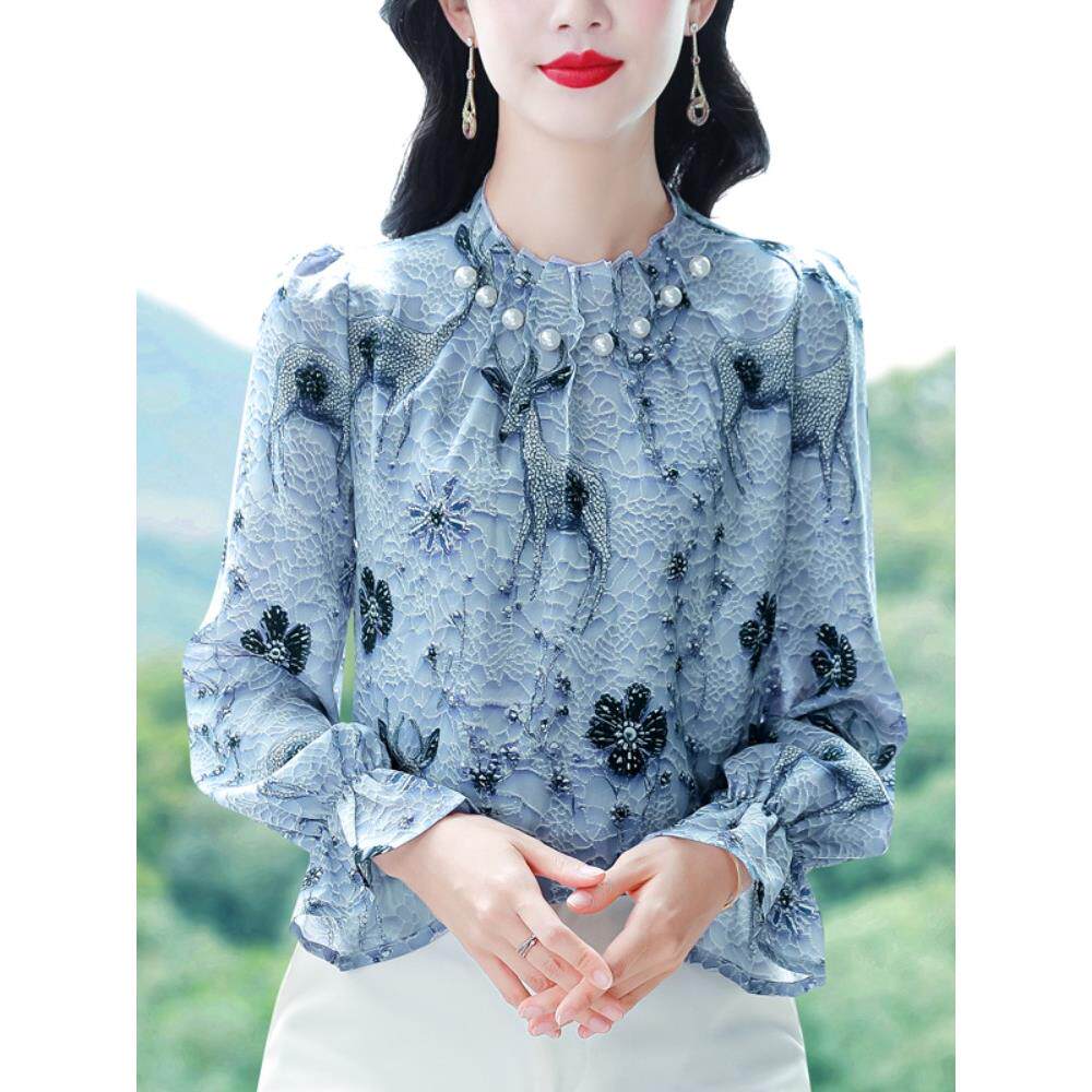 JOYIASS重工钉珠雪纺上衣女士长袖春秋新款紫色衬衫妈妈短款印花