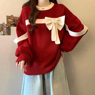 JOYIASS立体蝴蝶结红色正肩毛衣女秋冬大码胖mm过年圣诞氛围感针