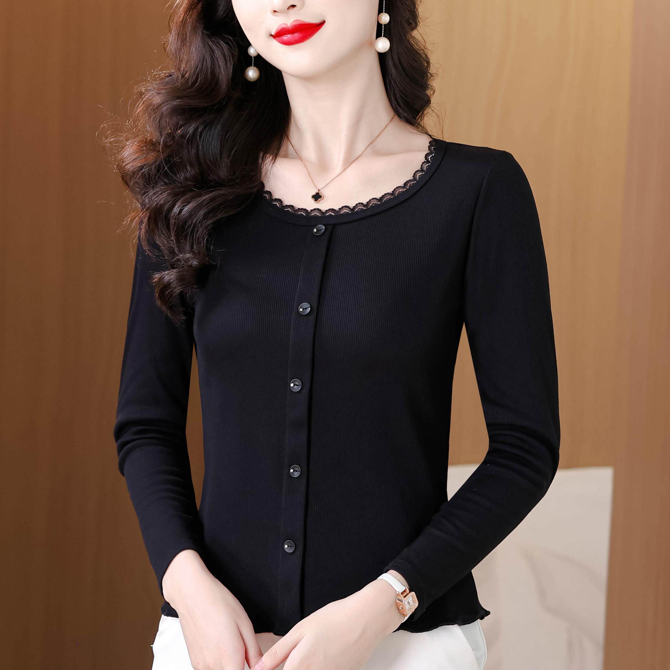 JOYIASS蕾丝花边长袖t恤女2025年秋季新款洋气减龄小衫显瘦女士短